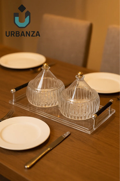 Urbanza 2-Piece Glass Serving Bowl Set with Tray – Stylish Dry Fruit & Nut Server