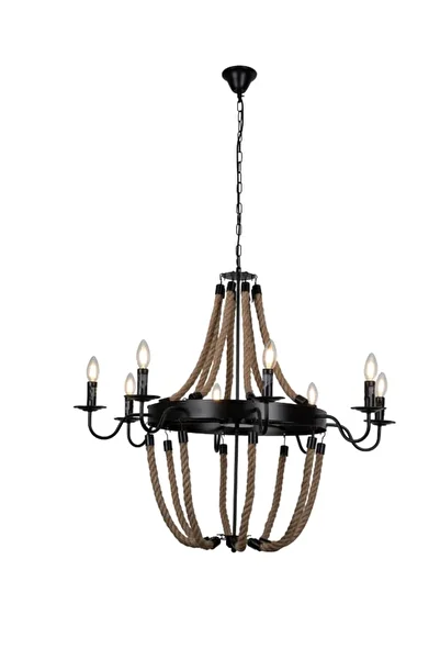 best power Rustic Rope Chandelier – Model 9001-BK | 8-Light Vintage Ceiling Light | E14 Bulbs 90 cm Cable