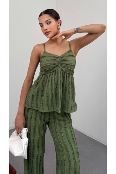 MODAVERA Women's Khaki Textured Strap Top and Wide Leg Pants 2-Piece Set