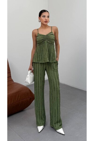 MODAVERA Women's Khaki Textured Strap Top and Wide Leg Pants 2-Piece Set