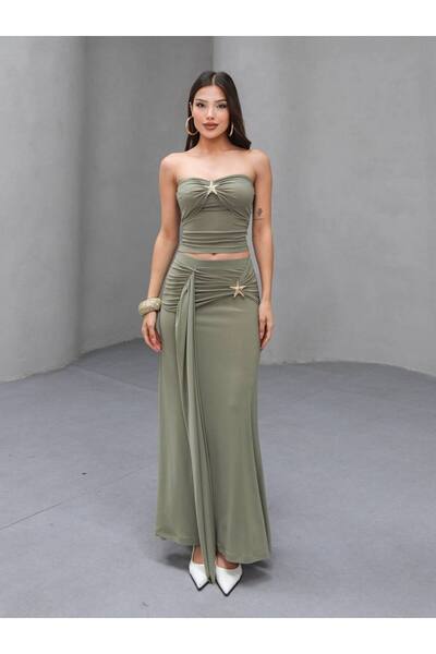 VINTIQUE 13909 - Deniz Yıldızı Toka Detaylı Straplez ve Etek Takımı