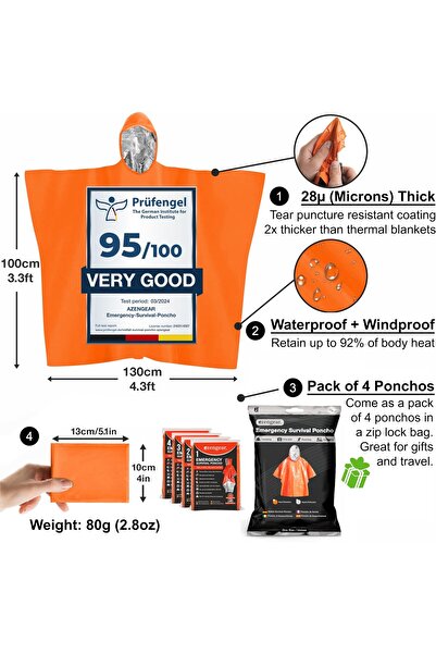 erorex Emergency Survival Poncho Thermal Mylar Foil Coating Blanket Heat Retention Rain Reversible Hood