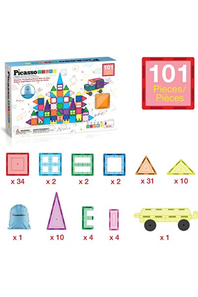 erorex 101 قطعة من مكعبات البناء المغناطيسية على قاعدة سيارة مع حبل سحب وحقيبة تخزين ألعاب للأطفال