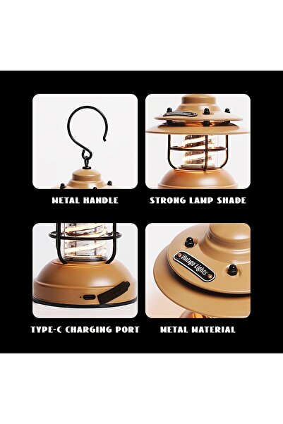 erorex Mini LED Camping Lantern Rechargeable Retro Warm Camp Light Battery Powered Metal Vintage Hanging