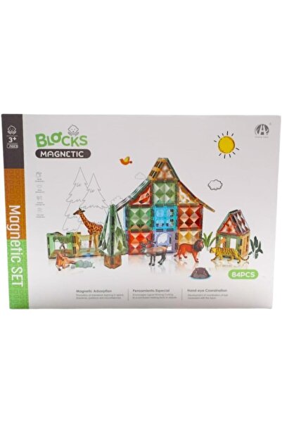 erorex Magnetic Building Blocks Set 84 Pieces Safari Animals Houses Theme Educational Construction Toy