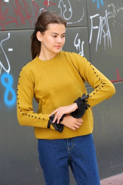 ufukmoda Even Detailed Sweater with Beads Mustard