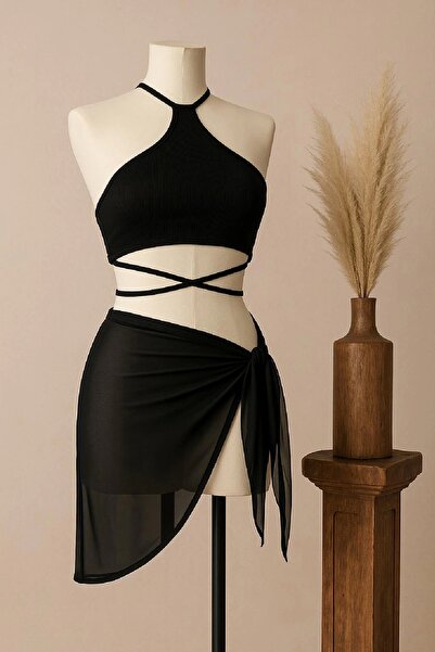 Beruflic Women's Black Cross Tie Crop and Pareo Set of 2