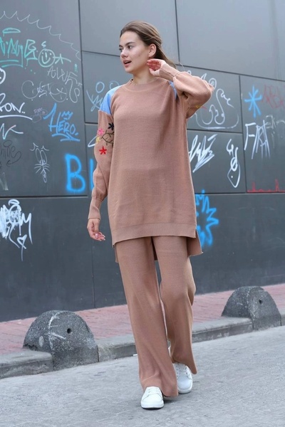 ufukmoda Shoulder Detailed Sleeve Embroidery Double Bottom Top Knitwear Set Mink