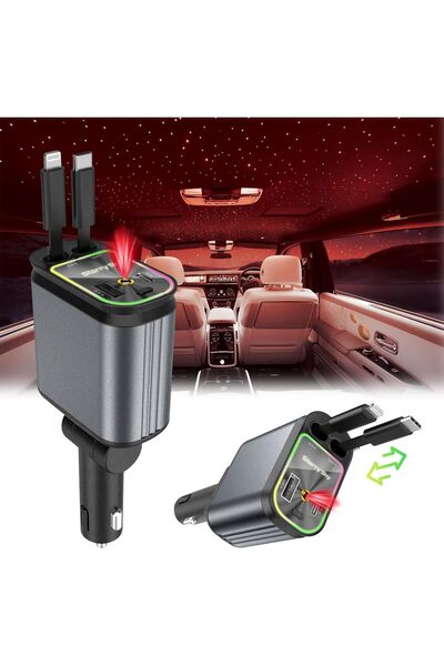 erorex شاحن سيارة ستارلايت، 4 منافذ شحن سريع قابل للسحب، شحن سريع بـ 4 منافذ، ستارلايت