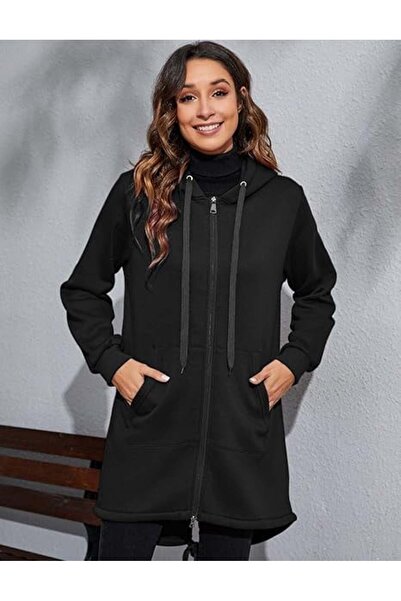 OEM Women's extra-long sweatshirt with zipper, hood and pockets, Black, M