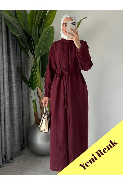 Molly Nelly Women's Long Summer Muslin Thin Tunic Burgundy Overcoat