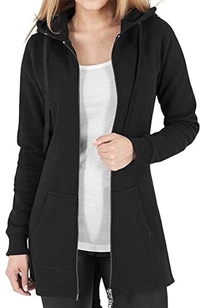 OEM Women's extra-long sweatshirt with zipper, hood and pockets, Black, M