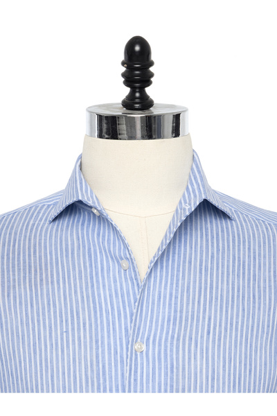 Germirli Albini Blue White Striped Nevapas Lapel Collar Linen Shirt