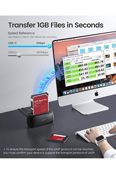 Orico Hard Drive Docking Station USB-C for 2.5/3.5" SSD/HDD (Up to 20TB, UASP, Type-C/Type-A cable)
