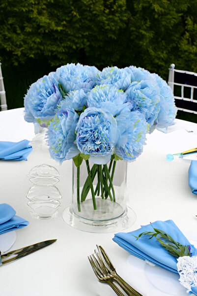 Yapay Çiçek Deposu Yapay Çiçek 5li Açmış Lüx Şakayık Gül Buketi Mavi