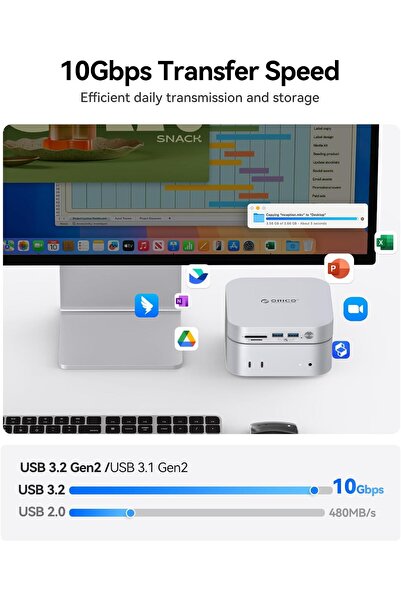 Orico قاعدة تثبيت MiniLink Mac mini M4 وحامل (M49P) - موزع USB-C من الألومنيوم مع حاوية M.2 SSD، USB 3.2