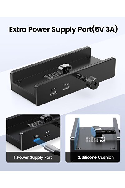 Orico USB Hub 3.0 Clampable Hub with Extra Power Port, 2x USB-A, USB-C, 3.5mm AUX, SD/TF Card Reader