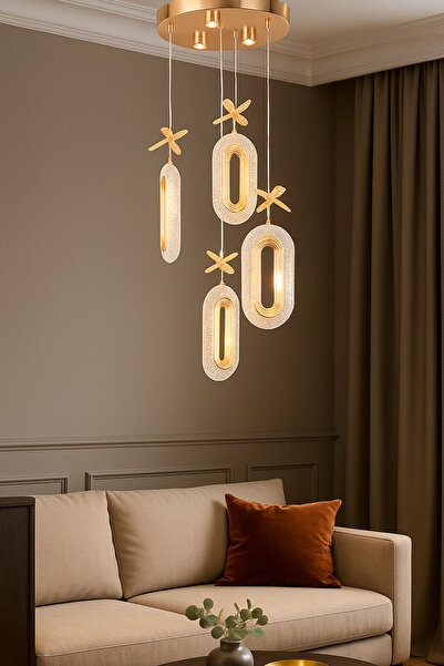 Turanconcept Doruk 4lü Modern Led Avize Gold Renk Kristal Görünüm Gün Işığı Enerji Tasarruflu Salon Yemek Odası