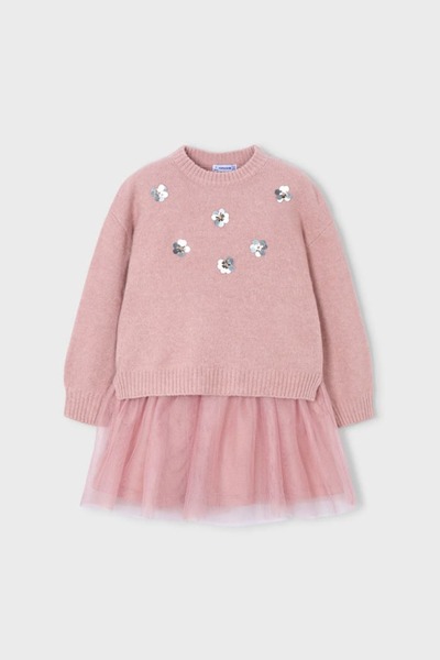MAYORAL Kız Çocuk Payet İşlemeli Eteği Tüllü Triko Elbise - Pudra Pembe