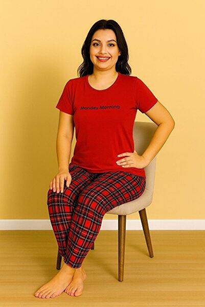 CHARME KADIN KISA KOL BASKI DETAYLI EKOSE PİJAMA TAKIM