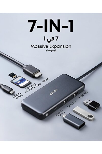 Anker 341 USB-C Hub (7-in-1) with 4K HDMI, 100W Power Delivery, SD/microSD, USB-A/C