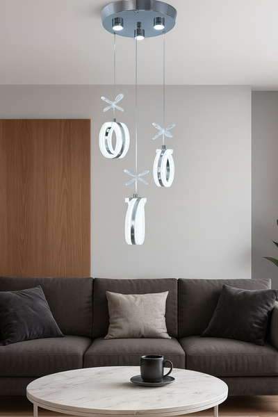 Turanconcept Ecrin 3lü Modern Led Avize Krom Renk Kristal Görünüm Beyaz Işık Enerji Tasarruflu Salon Yemek Odası