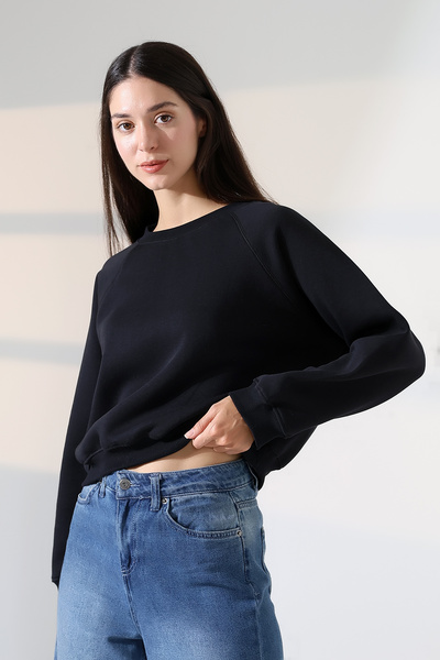 Endies Wide Crew Neck Cotton Raised Ribbed Wide Raglan Sleeve Soft Textured Basic Women's Sweatshirt