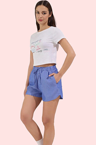 PayBuy Γυναικείο ριγέ μίνι σορτς ψηλόμεσο φαρδύ πόδι Terrycotton υφαντό κοντό μήκος Καλοκαίρι Μήνες Καθημερινή χρήση