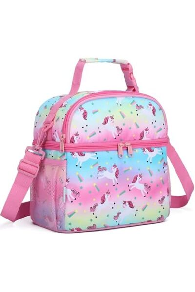 VASCHY Lunch Bag for Kids Girls, Insulated Double Compartments Cooler Lunch Box Tote Bag with Adjust