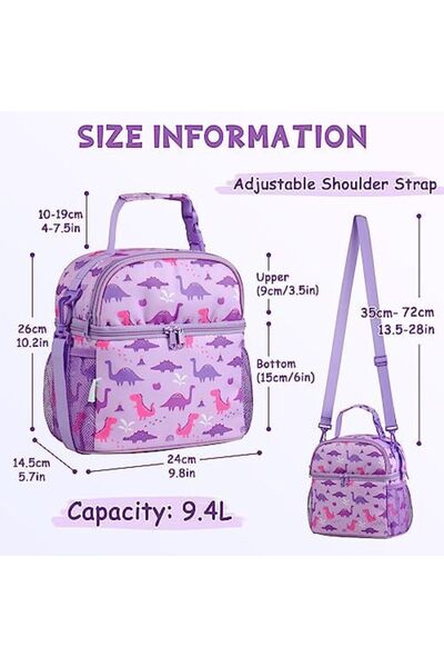 VASCHY Lunch Bag for Kids Girls, Insulated Double Compartments Cooler Lunch Box Tote Bag with Adjust