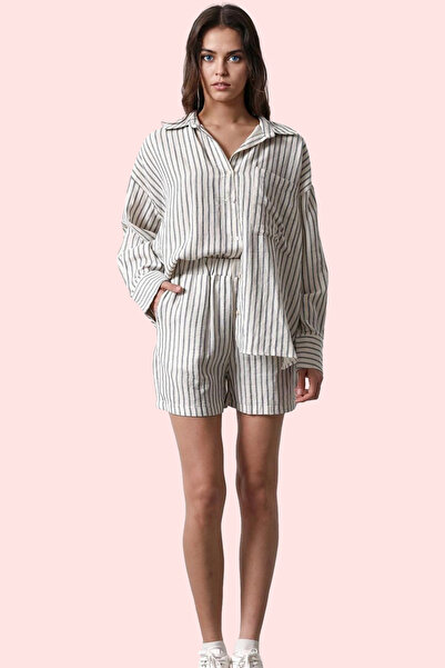 PayBuy شورت نسائي من الموسلين مخطط عالي الخصر وواسع الساق قصير الطول من القطن...