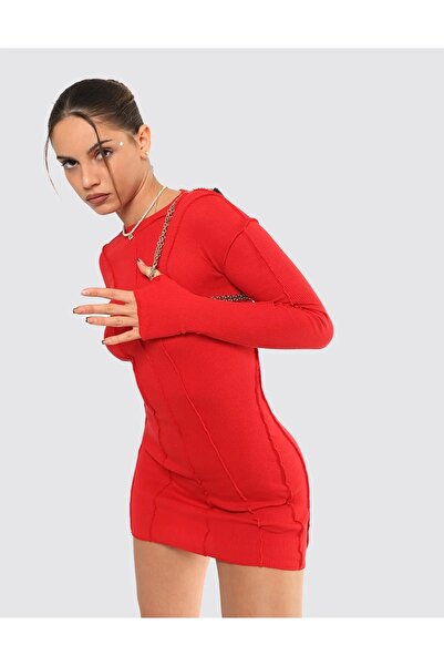 Bak Moda Ters Dikiş Detay Yıkamalı Kırmızı Mini Kaşkorse Elbise