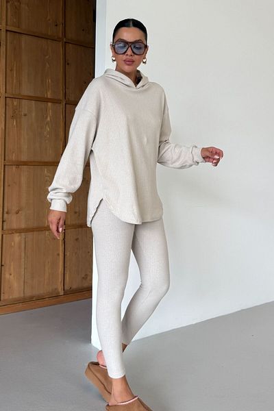 MODAGEN Women's Beige Hooded Ribbed Bottom-Top Leggings Interlock Suit