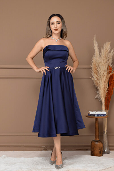 BEYBOS Satin Back Strap Detail Midi Dress - Dark Blue