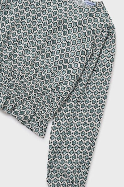 MAYORAL Girl's Geometric Patterned Balloon Sleeve Blouse with Gipeli Waist - Green