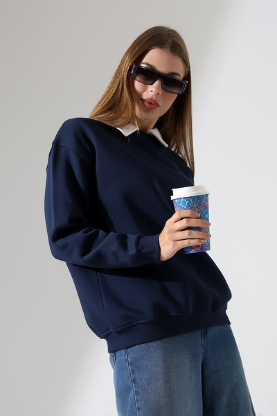 Endies Relax Comfortable Loose Wide Cut Shirt Collar Cotton Women's Sweatshirt 21985 Dark Blue