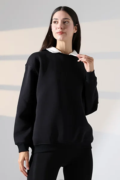 Endies Relax Comfortable Loose Wide Cut Shirt Collar Cotton Women's Sweatshirt 21985 Black