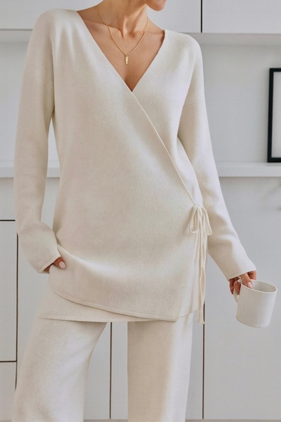 NATUFIAN STORE Women's Side Tie Knitwear Kimono -Pants Bottom-Top Set