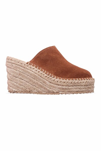 MY DERİ Blusy Women's Genuine Leather Closed Suede Wedge Heeled Slippers 3988