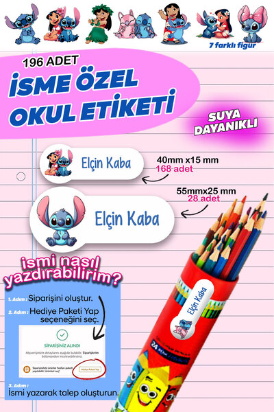 tifopix Okul Etiketi Kalem Defter isimli Etiket isim Yazılabilen Stich Temalı...