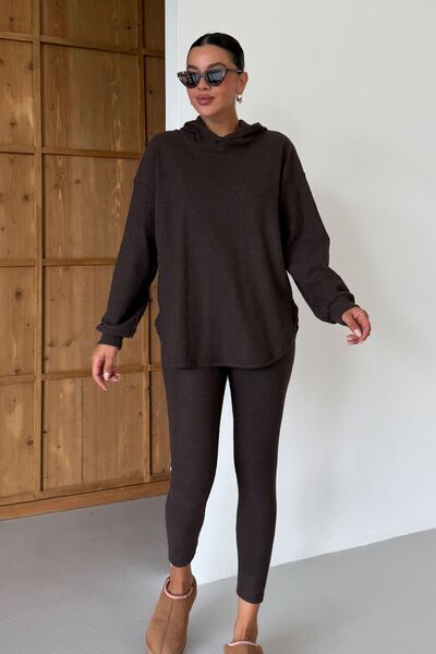 MODAGEN Women's Brown Hooded Ribbed Bottom-Top Leggings Interlock Suit