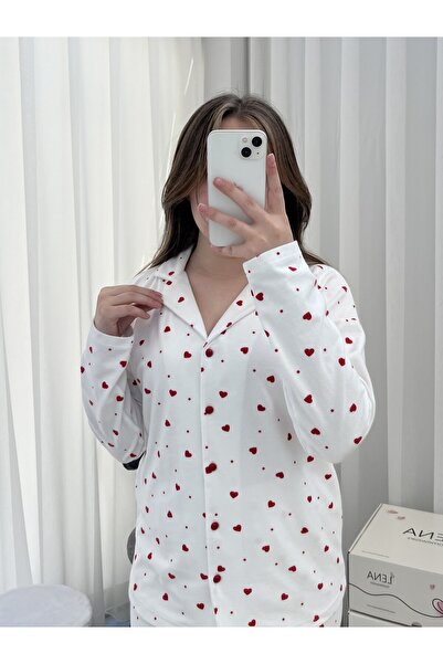 Lena Homewears Піжама з ґудзиками та малюнком у вигляді серця, кольору екрю, з м'якої тканини Termosoft