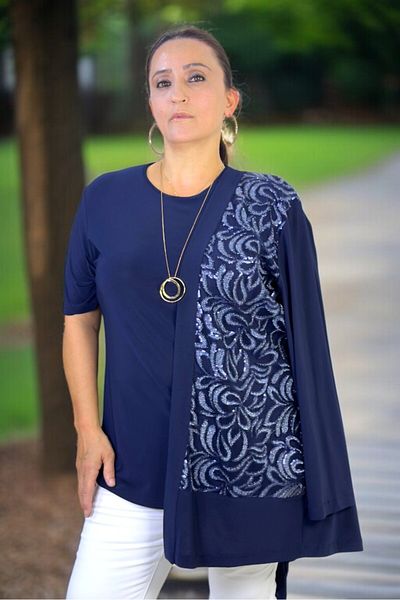 yagmurberen Front Part Transparent Tulle with Pul Paillettes Embroidery Buzzy Fabric Shawl Collar Jacket Short Sleeve T-Shirt Double Set