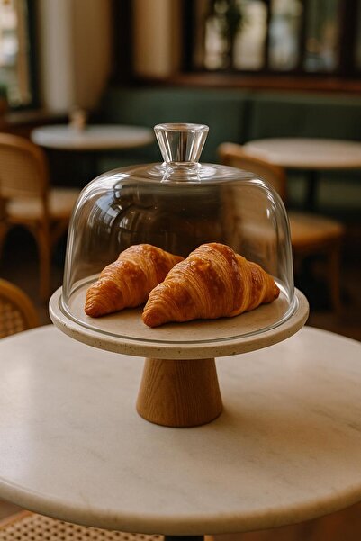 Akayev Travertine 25 cm Wooden Conical Leg White Glass Bell Jar