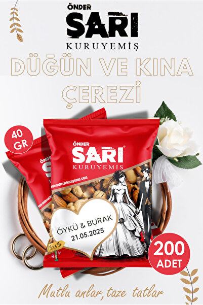 Önder Sarı Kuruyemiş Lüks Karışık Düğün Ve Kına Çerezi Kişiselleştirebilir Kuruyemiş Paketi 40 gr X 200 Adet