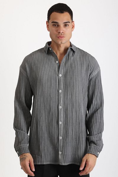 EGHO Thick Braided Twill Fabric Men's Long Sleeve Shirt with Tumbled Effect