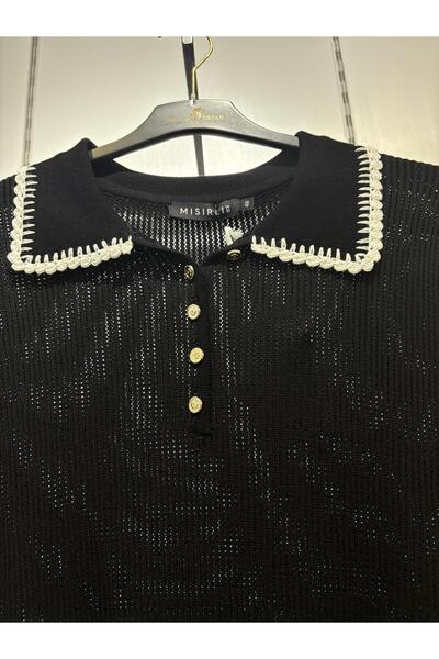 Mısırlı polo yaka düğme detaylı bluz