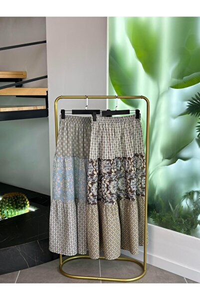 BÜRDE Beli Lastikli Desenli Mavi Renk Fırfırlı Kadın Etek