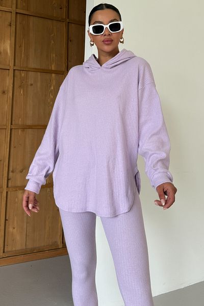 MODAGEN Women's Lilac Hooded Ribbed Bottom-Top Leggings Interlock Suit