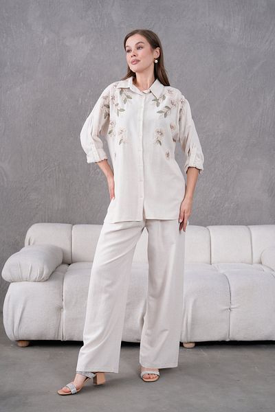 MVStore Floral Pattern Embroidery Embroidered Linen Oversize Shirt and Pants